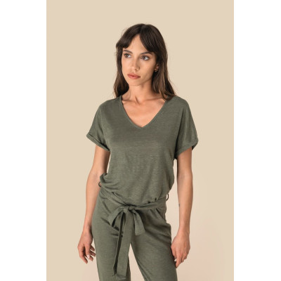 Macacão em malha de manga curta em linho de senhora